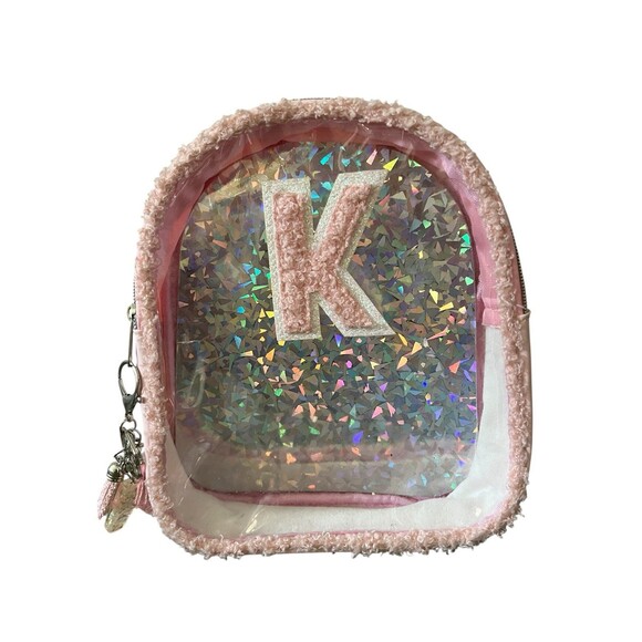 BNWOT Girls Pink & Silver K Name Small Backpack & K Name Keychain 10 x 8.5 - Picture 1 of 5